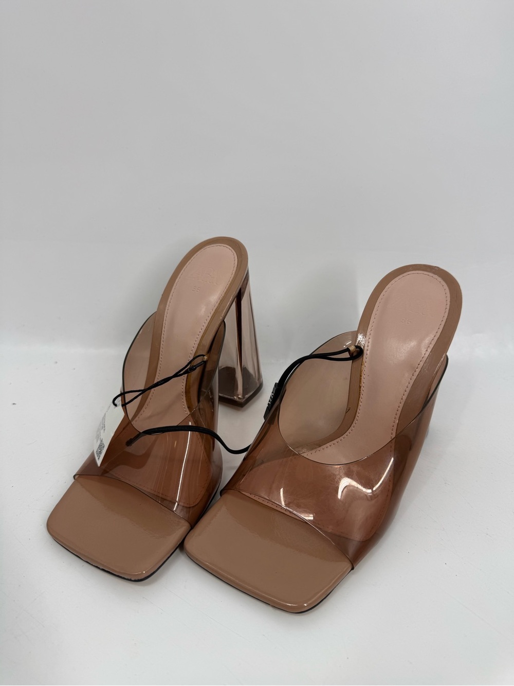 NWT Zara Block Vinyl Heels Square Open Toe Slip On Brown Womens Size 6